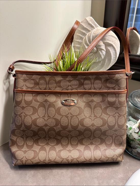 Coach Handbags - Coach Brown Signature Crossbody Bag with Leather Trim